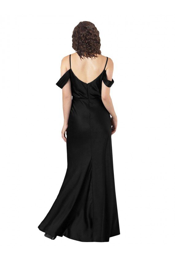 Affordable Off the Shoulder Sleeves Formal Silky Satin Bridesmaid Dress / Prom Dress with Skirt Slit