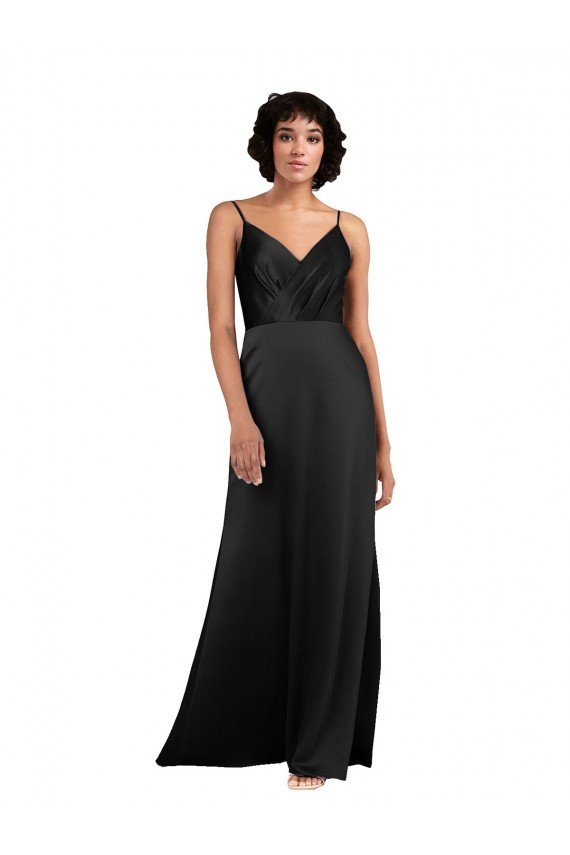 Affordable Full Length V-Neckline Formal Silky Satin Bridesmaid Dress / Prom Dress with Spaghetti Straps