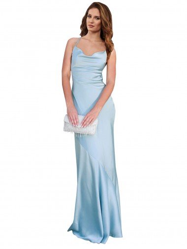 Affordable Open Back with Ties Cowl Neck Sheath Formal Silky Satin Long Bridessmaid Dress