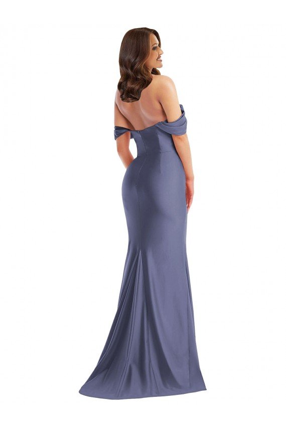 Affordable Off the Shoulder Corset Formal Silky Satin Mermaid Bridesmaid Dress / Prom Dress with Side Slit