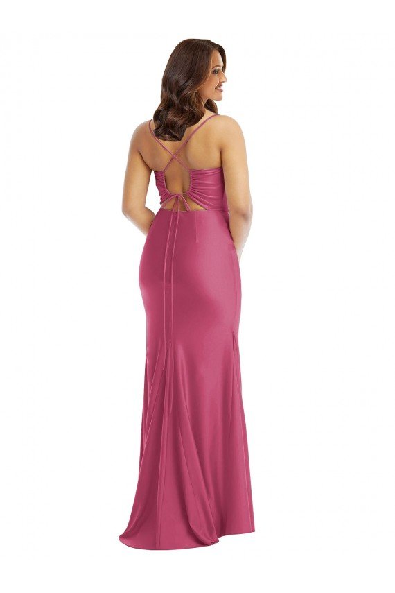 Affordable Cowl-Neck Open Tie-Back Formal Silky Satin Mermaid Bridesmaid Dress / Prom Dress with Frong Slit
