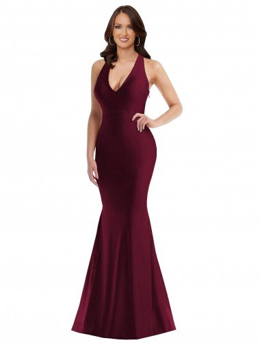 Affordable Plunge Neckline Cutout Low Back Formal Silky Satin Mermaid Bridesmaid Dress / Prom Dress