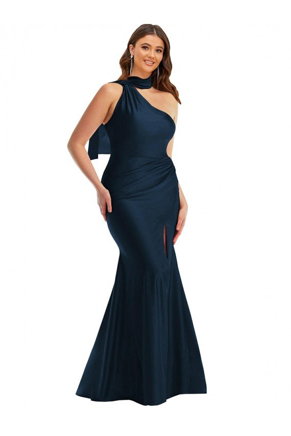 Affordable Scarf Neck One Shoulder Formal Silky Satin Mermaid Bridesmaid Dress / Prom Dress with Front Slit