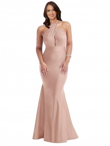 Affordable Criss Cross Halter Open Back Formal Silky Satin Mermaid Bridesmaid Dress / Prom Dress