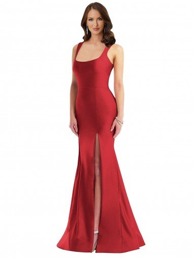 Affordable Square Neck Formal Silky Satin Mermaid Bridesmaid Dress / Prom Dress with Side Slit