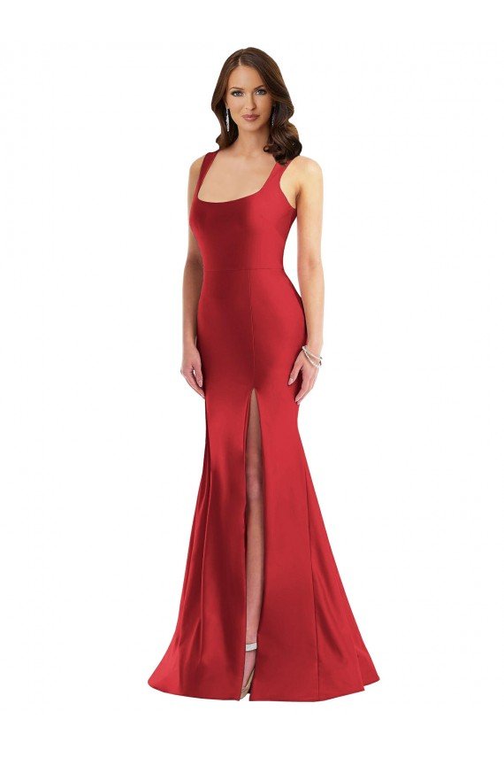 Affordable Square Neck Formal Silky Satin Mermaid Bridesmaid Dress / Prom Dress with Side Slit