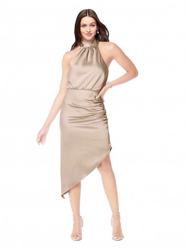 Affordable Silky Satin High Low Midi Cocktail Length Bridesmaid Dress / Prom Dress with Asymmetric Skirt
