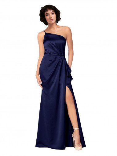 Affordable One Shoulder Formal Silky Satin Bridesmaid Dress / Prom Dress with Skirt Slit