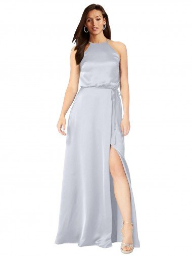 Affordable Halter Neck Formal Silky Satin Bridesmaid Dress with Strappy Back