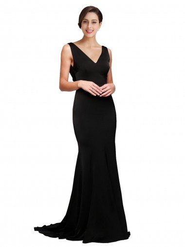 Affordable V-Neck Full Length Formal Silky Satin Bridesmaid Dress / Prom Dress with Soft Cowl Neck and Sweep Train