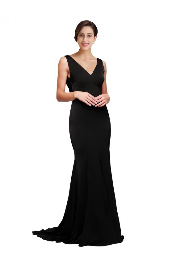 Affordable V-Neck Full Length Formal Silky Satin Bridesmaid Dress / Prom Dress with Soft Cowl Neck and Sweep Train