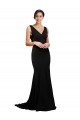 Affordable V-Neck Full Length Formal Silky Satin Bridesmaid Dress / Prom Dress with Soft Cowl Neck and Sweep Train