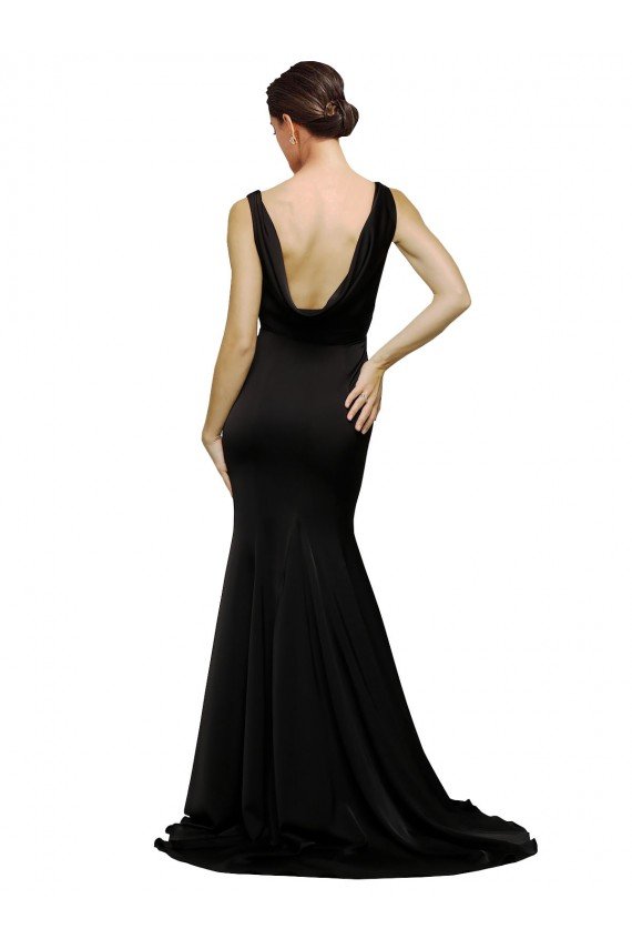 Affordable V-Neck Full Length Formal Silky Satin Bridesmaid Dress / Prom Dress with Soft Cowl Neck and Sweep Train
