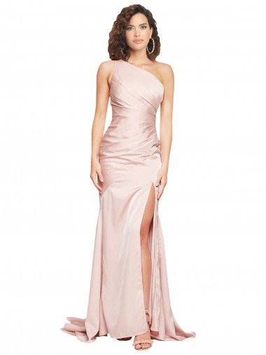 Affordable Full Length One Shoulder Long Formal Silky Satin Bridesmaid Dress / Prom Dress with High Split