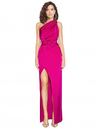 Affordable One Shoulder Long Full Length Formal Silky Satin Bridesmaid Dress / Prom Dress with Front Side Split