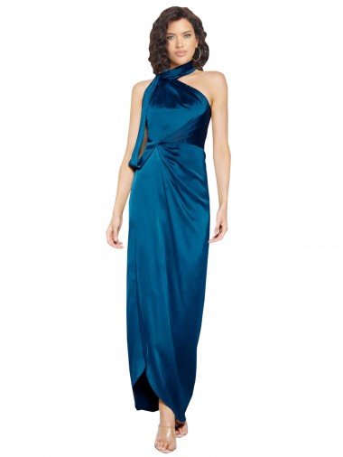 Affordable High Halter Neck Formal Silky Satin Bridesmaid Dress / Prom Dress with Sash Overlay and Side Split