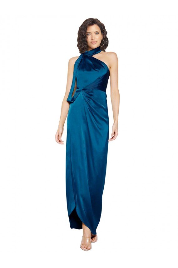 Affordable High Halter Neck Formal Silky Satin Bridesmaid Dress / Prom Dress with Sash Overlay and Side Split