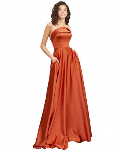 Affordable Strapless Sweep Train Formal Silky Satin Bridesmaid Dress / Prom Dress with Pleats