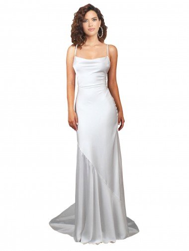 Affordable Simple Lace Up Back Cowl Neck Long Sweep Train Silky Satin Beach Wedding Dress
