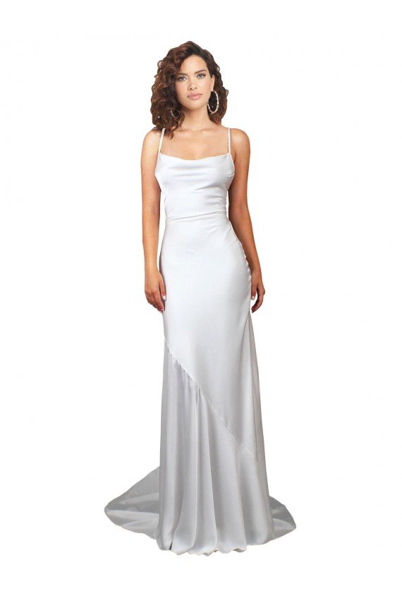 Affordable Simple Lace Up Back Cowl Neck Long Sweep Train Silky Satin Beach Wedding Dress
