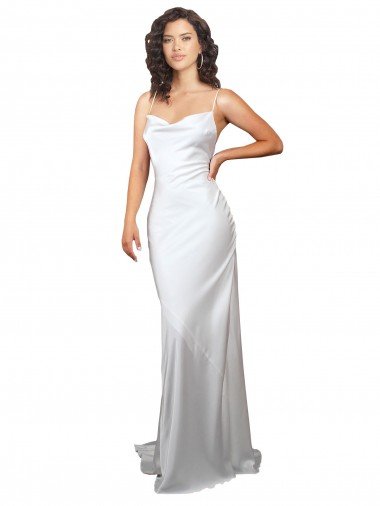 Affordable Simple Sweep Train Low Back Tie Cowl Neck Long Silky Satin Beach Wedding Dress