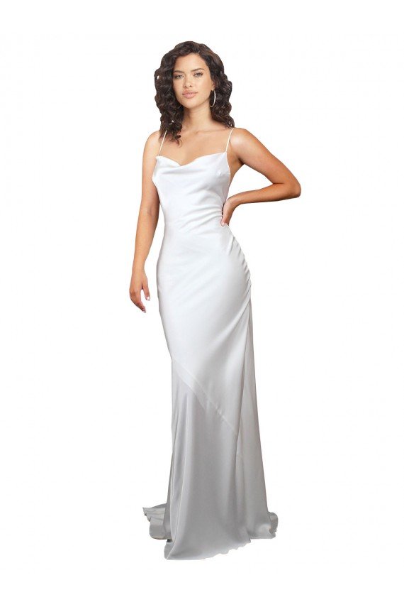 Affordable Simple Sweep Train Low Back Tie Cowl Neck Long Silky Satin Beach Wedding Dress