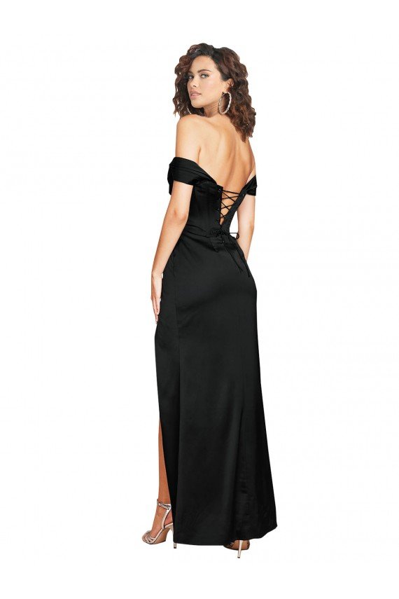 Affordable Fitted Sweetheart Neckline Formal Silky Satin Bridesmaid Dress / Prom Dress with Off the Shoulder Sleeves and High Slit
