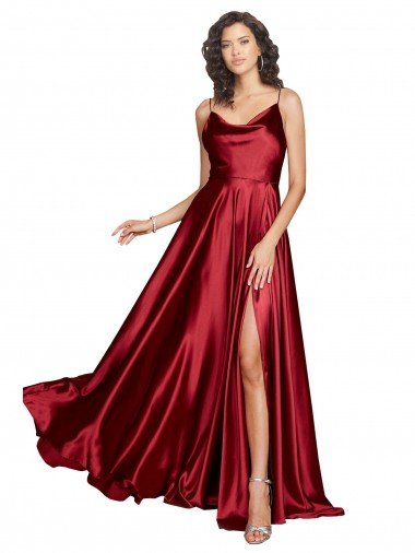 Affordable Cowl Neckline Long Formal Silky Satin Bridesmaid Dress / Prom Dress with Spaghetti Straps