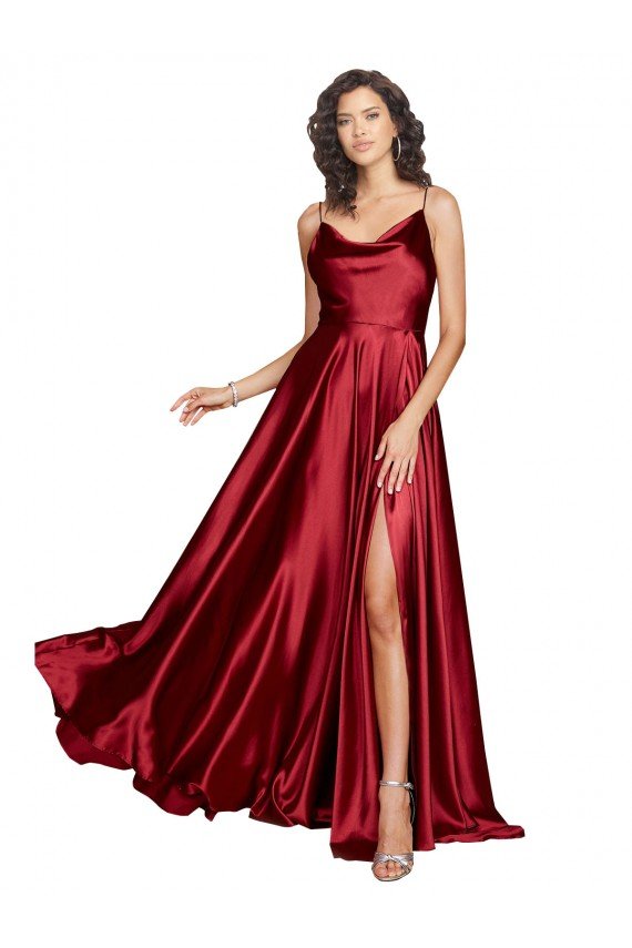 Affordable Cowl Neckline Long Formal Silky Satin Bridesmaid Dress / Prom Dress with Spaghetti Straps