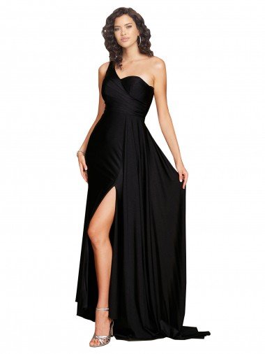 Affordable Floor Length One Shoulder Formal Silky Satin Bridesmaid Dress / Prom Dress with Side Slit