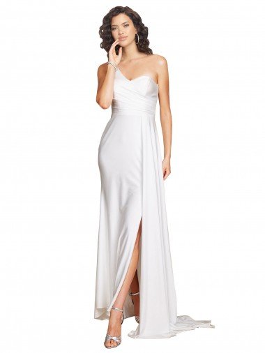 Affordable One Shoulder Floor Length Silky Satin Wedding Dress with Side Slit