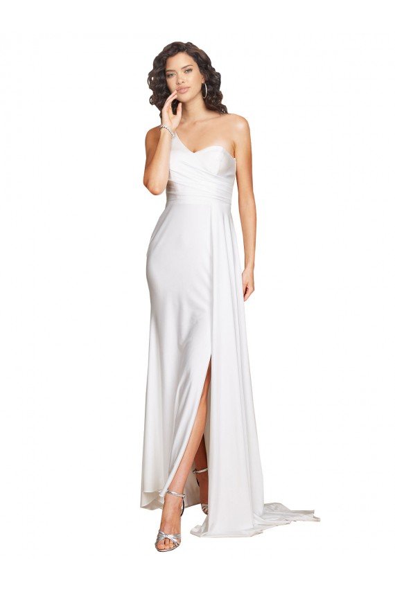 Affordable One Shoulder Floor Length Silky Satin Wedding Dress with Side Slit