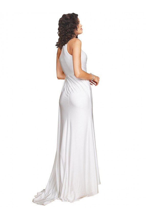 Affordable One Shoulder Floor Length Silky Satin Wedding Dress with Side Slit