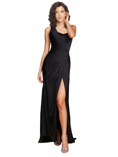 Affordable Full Length One Shoulder Ruffled Long Formal Silky Satin Bridesmaid Dress / Prom Dress with High Slit