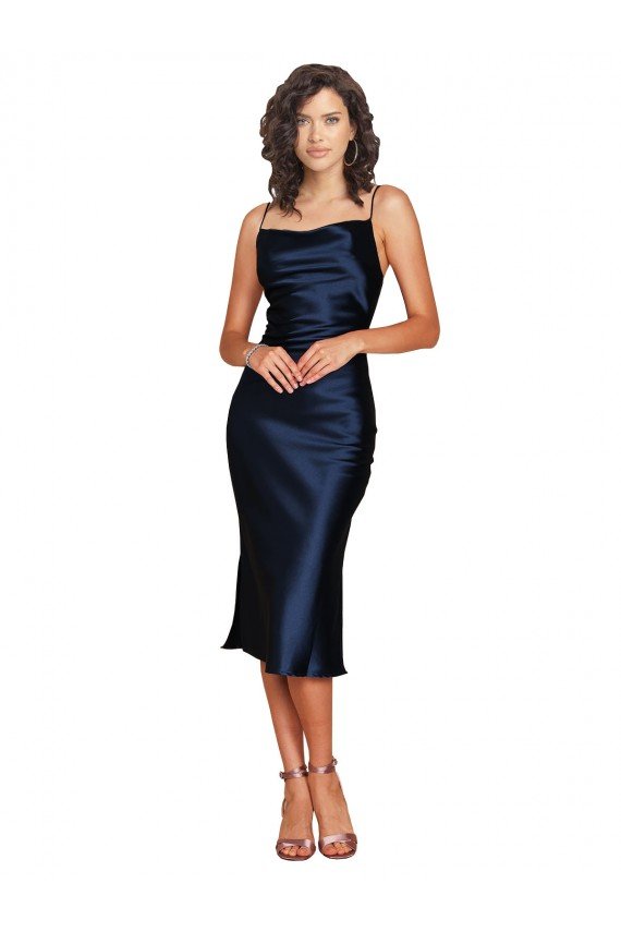 Affordable Cocktail Length Sleeveless Spaghetti Straps Cowl Neckline Formal Silky Satin Bridesmaid Dress / Prom Dress