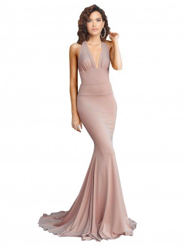 Affordable Deep V-Neck Mermaid Low Back Long Formal Spandex Bridesmaid Dress / Prom Dress