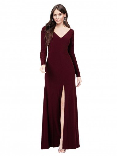 Affordable Long Sleeves Spandex Bridesmaid Gown with Front Slit