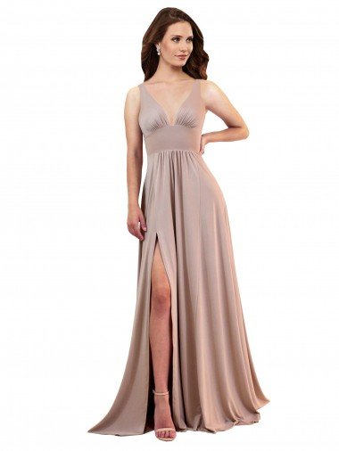 Affordable Long A-Line Plunge V-Neckline Formal Spandex Bridesmaid Dress / Prom Dress with Slit