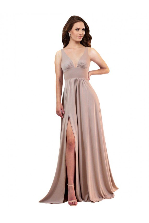Affordable Long A-Line Plunge V-Neckline Formal Spandex Bridesmaid Dress / Prom Dress with Slit