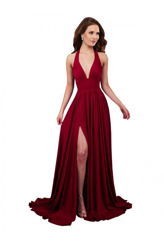 Affordable A-Line Halter Plunge V-Neckline Open Back Formal Spandex Bridesmaid Dress / Prom Dress with Slit