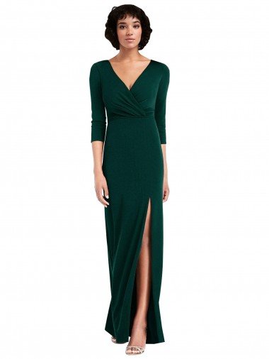 Affordable Floor Length 3/4 Sleeves V-Back Draped Wrap Formal Maxi Spandex Bridesmaid Dress / Prom Dress