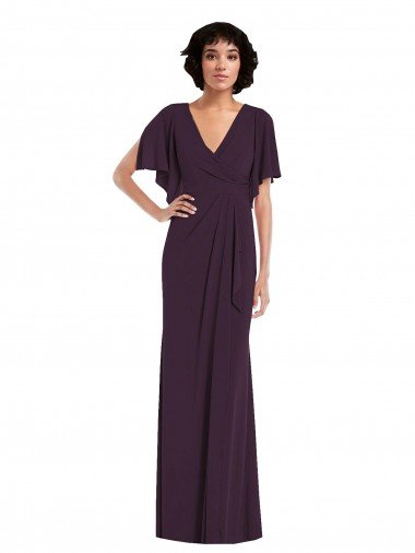 Affordable Faux Wrap Split Sleeves Formal Maxi Spandex Bridesmaid Dress / Prom Dress with Cascade Skirt
