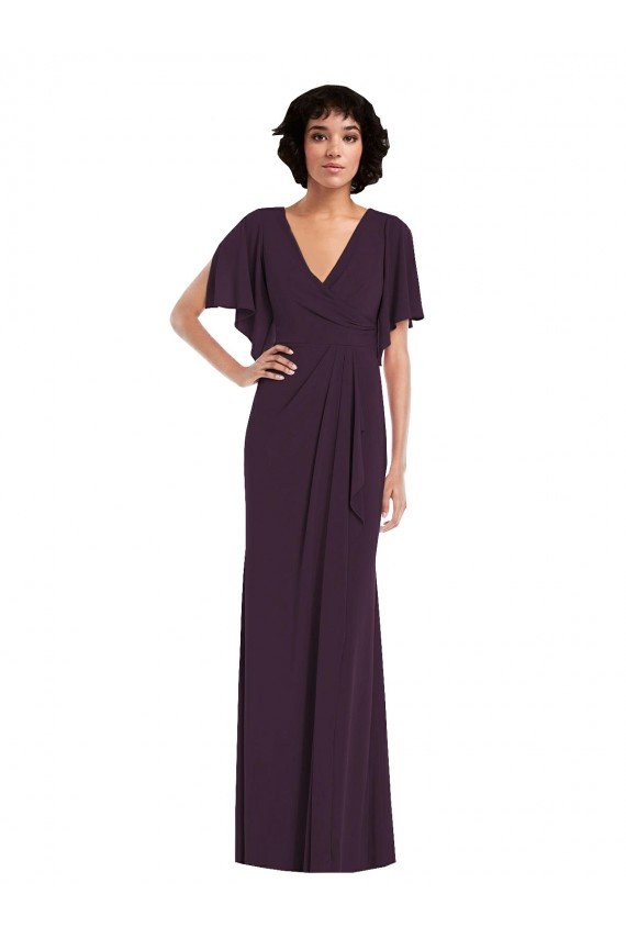 Affordable Faux Wrap Split Sleeves Formal Maxi Spandex Bridesmaid Dress / Prom Dress with Cascade Skirt