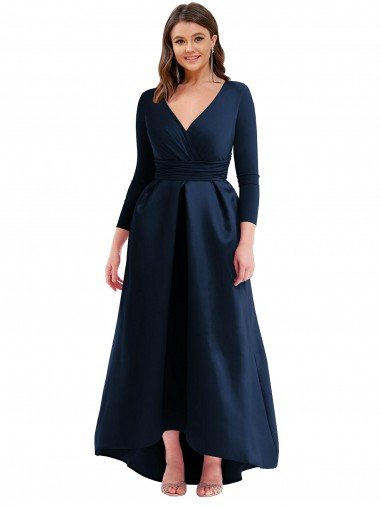 Affordable Long Sleeves Wrapped Formal Spandex Bridesmaid Dress / Prom Dress with High Low Full Skirt and Pockets