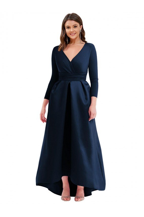 Affordable Long Sleeves Wrapped Formal Spandex Bridesmaid Dress / Prom Dress with High Low Full Skirt and Pockets