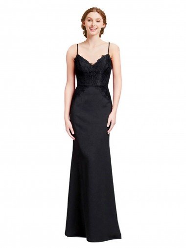 Affordable Long Chiffon Bridesmaid Dress / Prom Dress with Lace Bodice and Curved V-Neckline