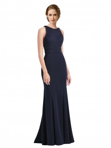 Affordable High Neck Sheath Long Crepe Bridesmaid Dress / Prom Dress