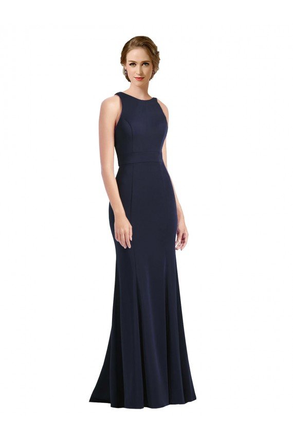 Affordable High Neck Sheath Long Crepe Bridesmaid Dress / Prom Dress