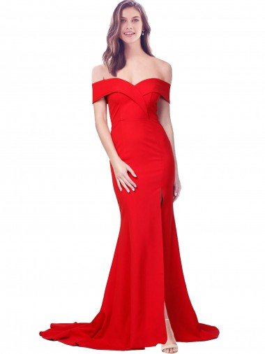 Affordable Criss Cross Full Length Long Formal Crepe Bridesmaid Dress / Prom Dress with Side Split