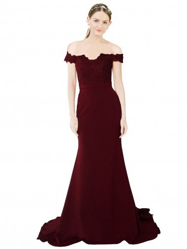 Affordable Full Length Off the Shoulder Formal Crepe Bridesmaid Dress / Prom Dress with Lace On Bodice and Back